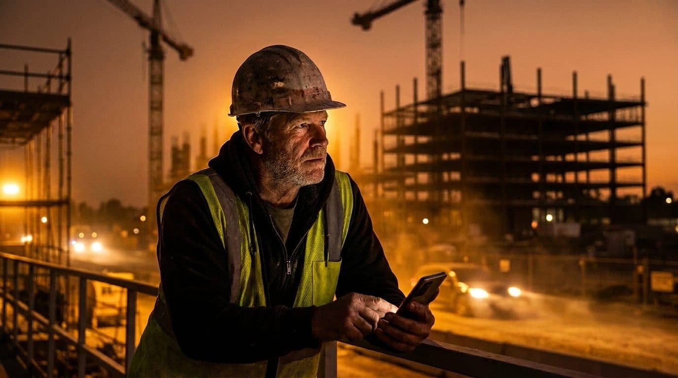 A general contractor reviewing job enquiries on a phone outside a busy construction site