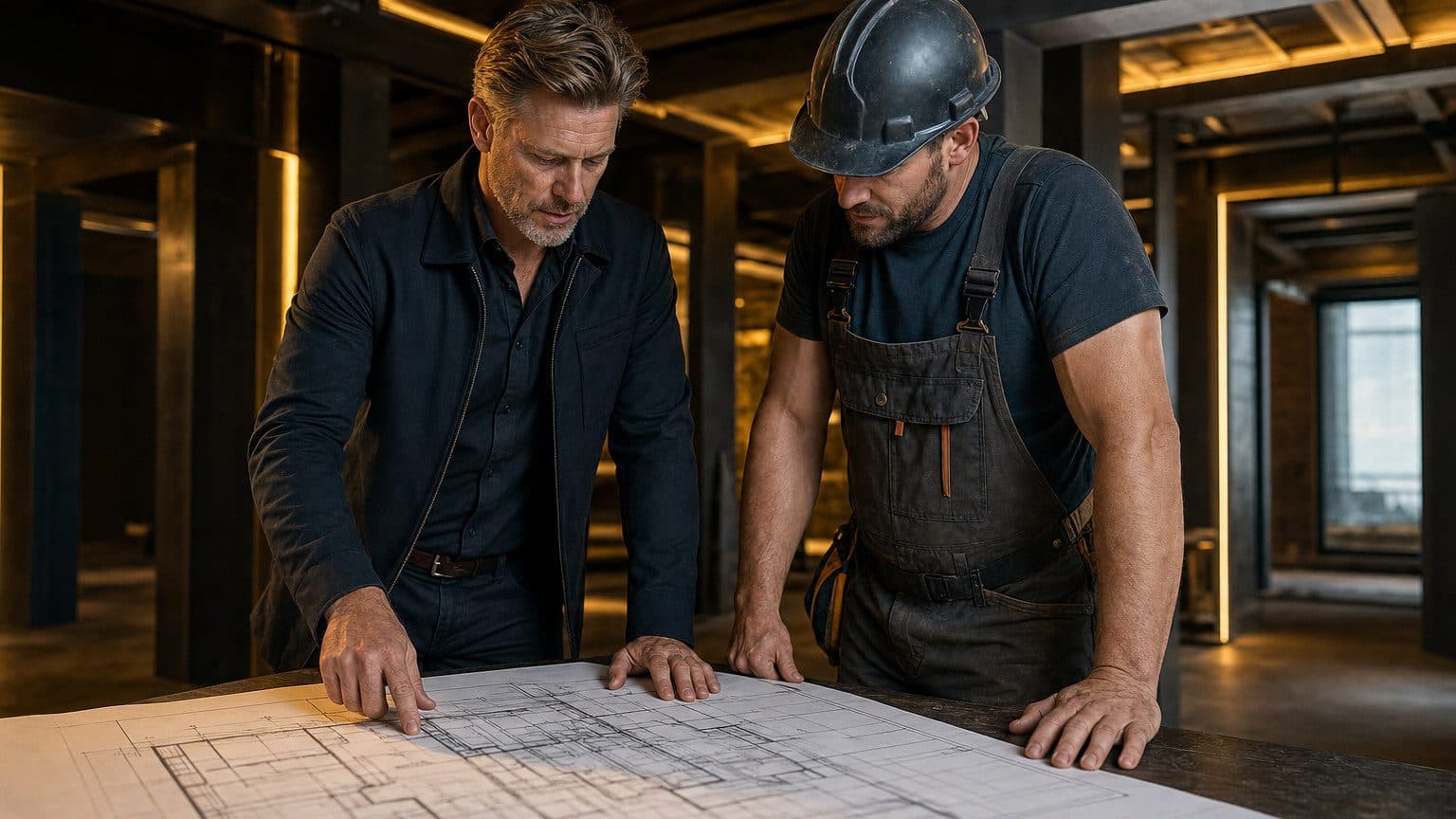 A general contractor reviewing plans with a skilled tradesperson on a premium construction site - building the right subcontractor network