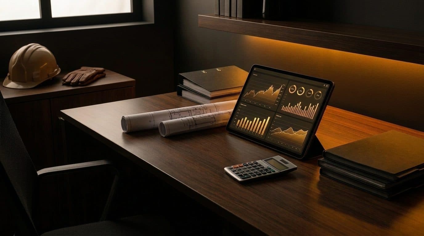 A contractor reviewing project estimates on a tablet at a construction site with blueprints and financial data spread on a desk
