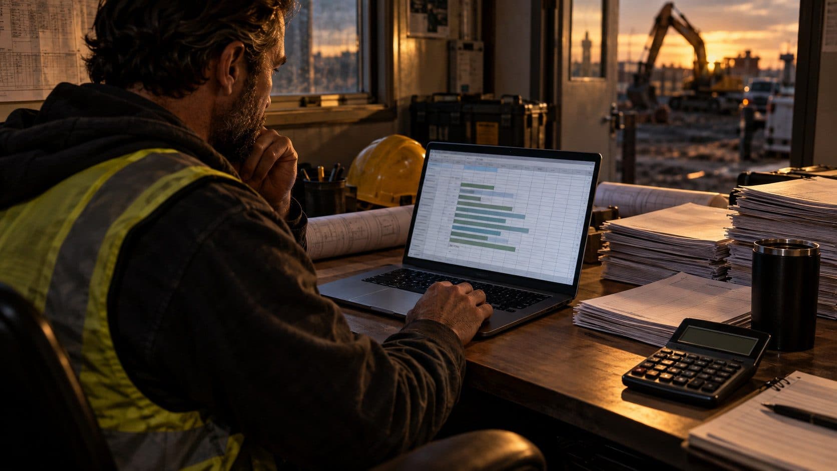 A contractor reviewing cash flow figures on a laptop at a construction site office - the gap between paying out and getting paid in is the core problem to fix
