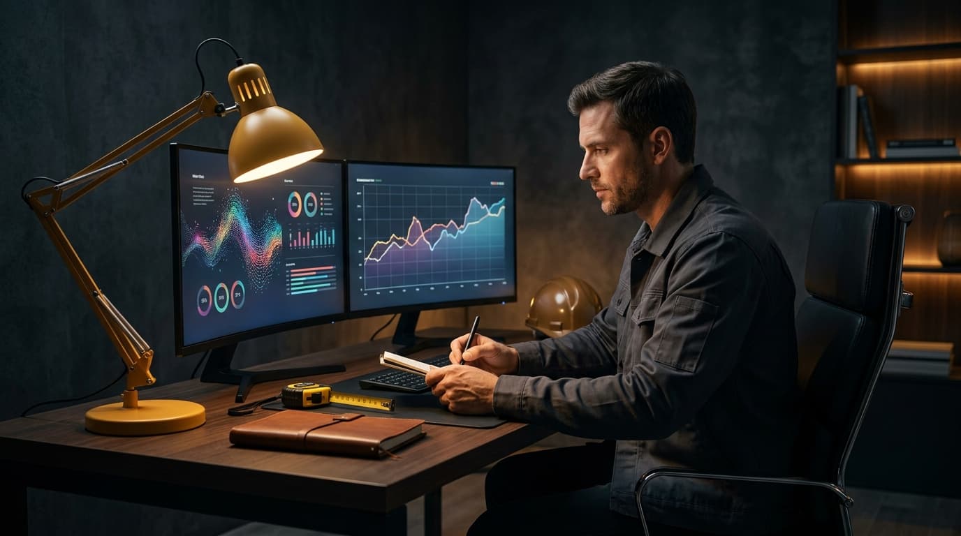 Contractor at a clean modern desk reviewing website analytics and lead enquiries on a laptop, warm golden-yellow desk lamp, dark premium editorial mood