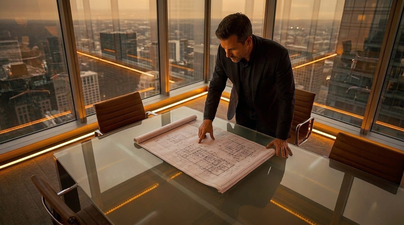 A general contractor reviewing architectural blueprints with a commercial property developer in a modern office building lobby