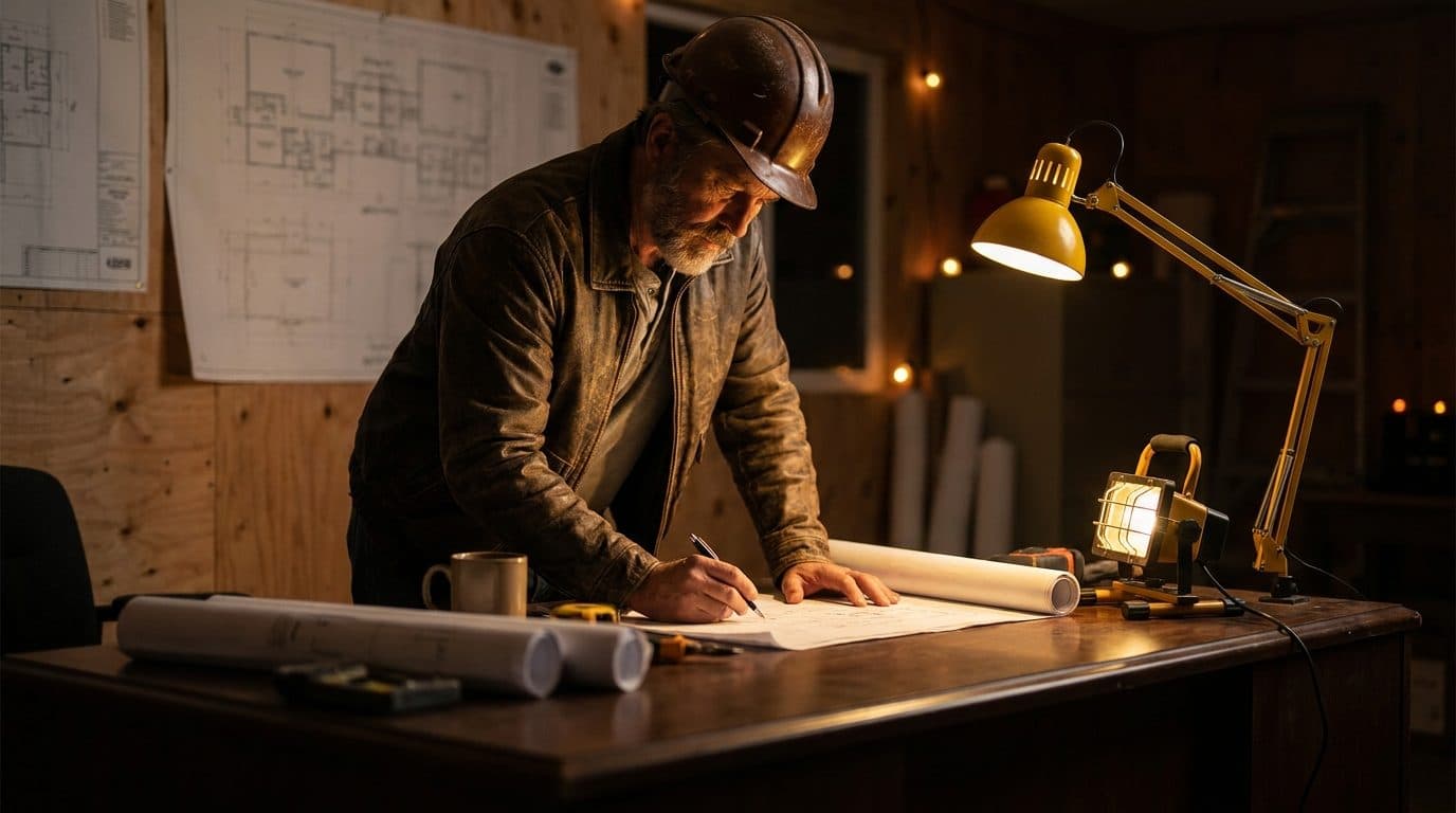 A general contractor on a job site reviewing a signed contract on a tablet, golden-yellow construction lighting, dark premium editorial look