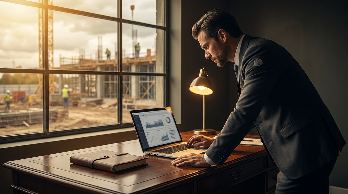 Contractor reviewing digital ad analytics on a laptop with golden accent light, dark premium editorial
