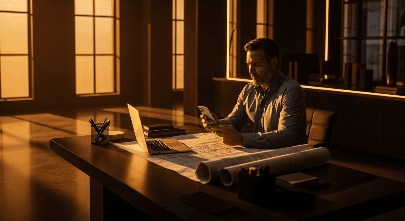 General contractor reviewing job inquiries alone at a premium construction site with warm golden evening lighting