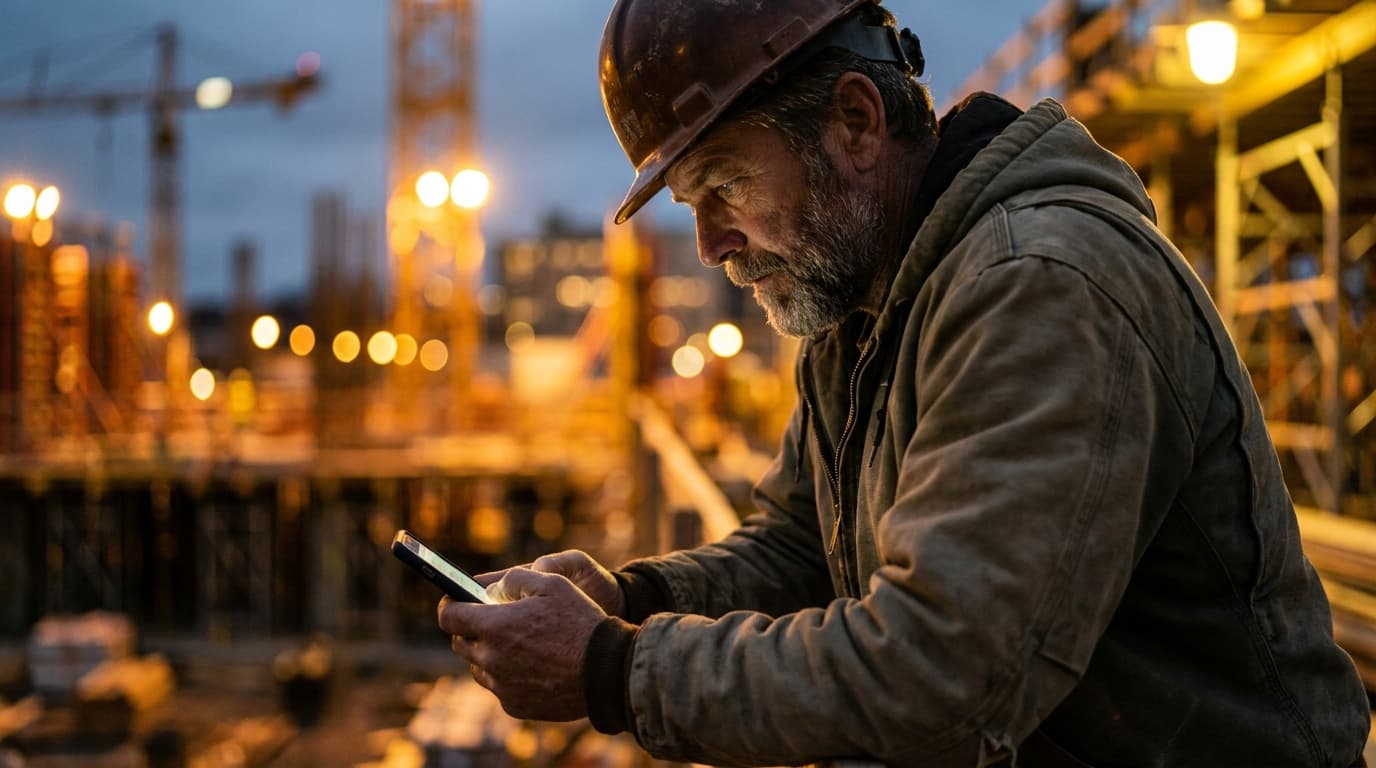 General contractor reviewing job inquiries on a smartphone with golden construction site lighting in the background
