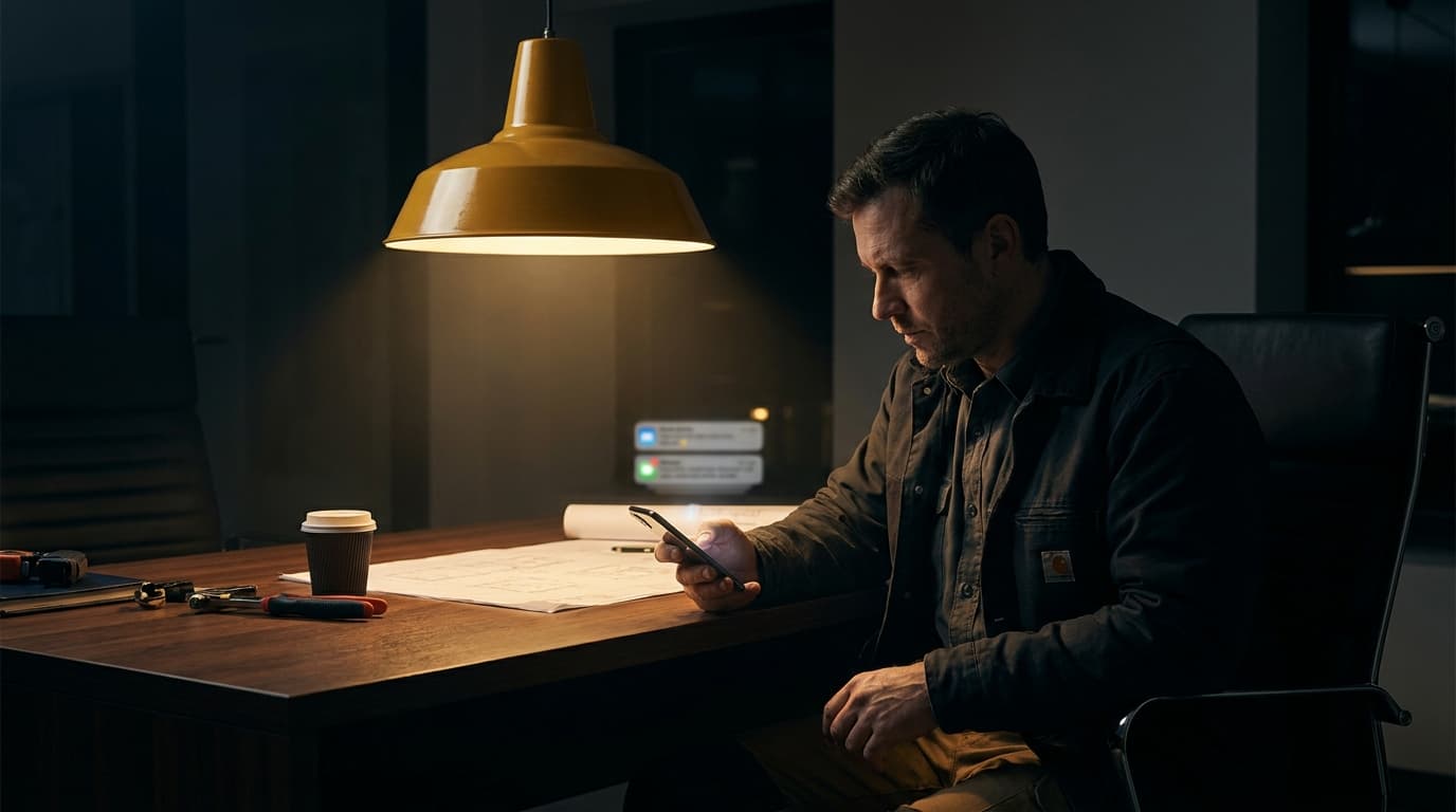 Contractor checking phone messages and call notifications on a sleek dark desk, golden-yellow accent light, premium editorial mood