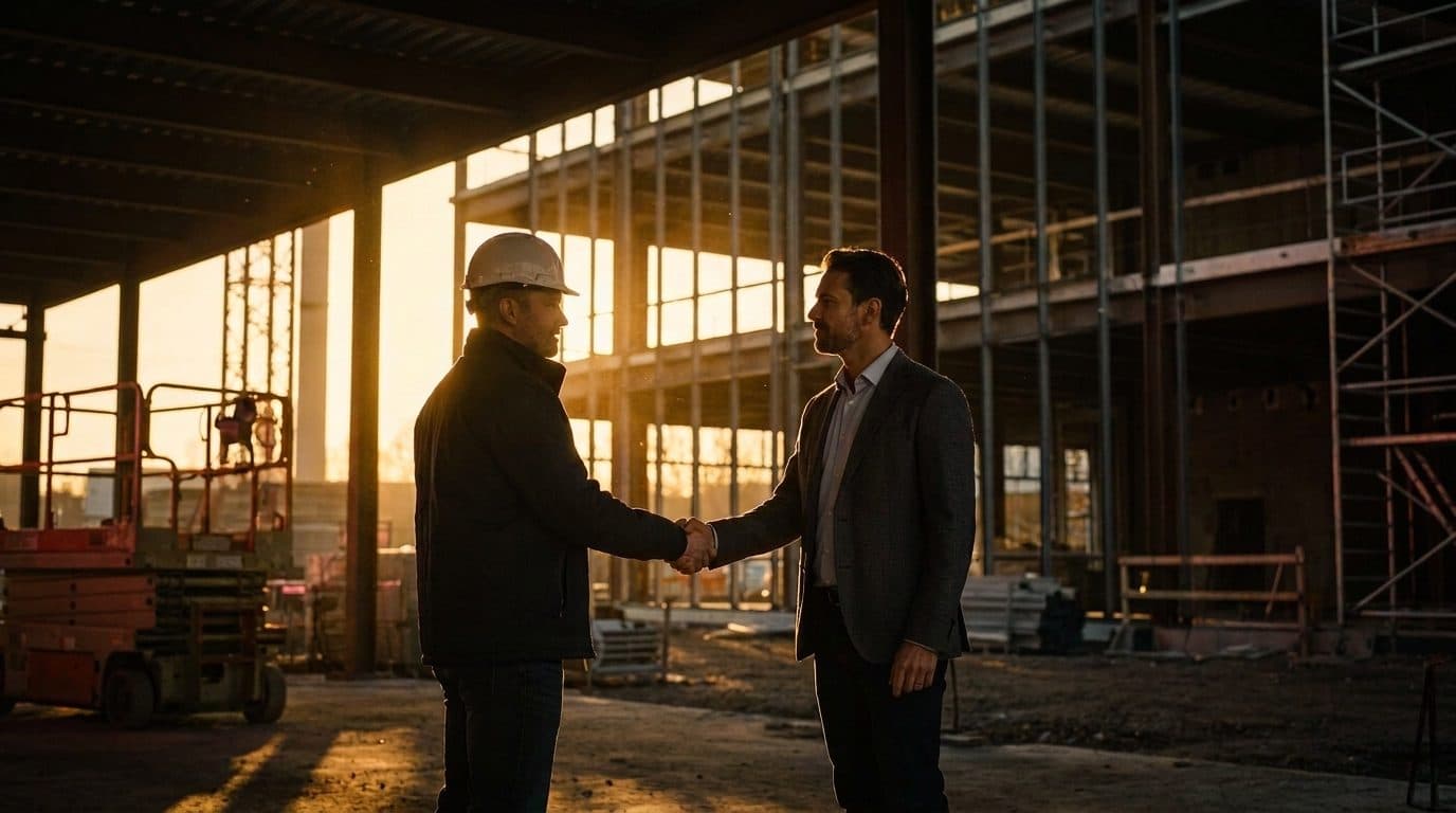 General contractor meeting with a client at a project site, shaking hands over a signed proposal