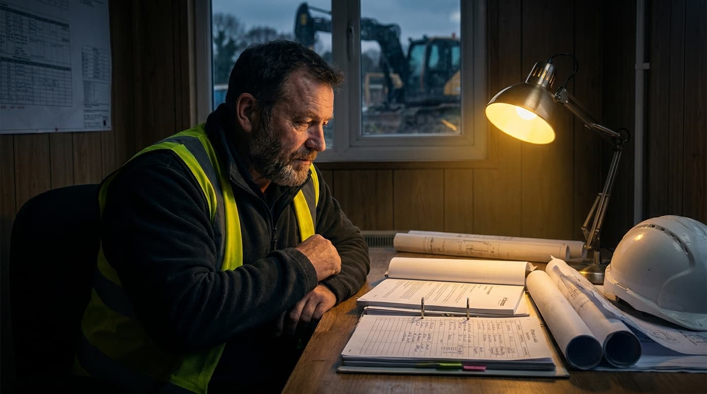 A general contractor reviewing multiple signed contracts and project schedules spread across a site office desk under golden evening light