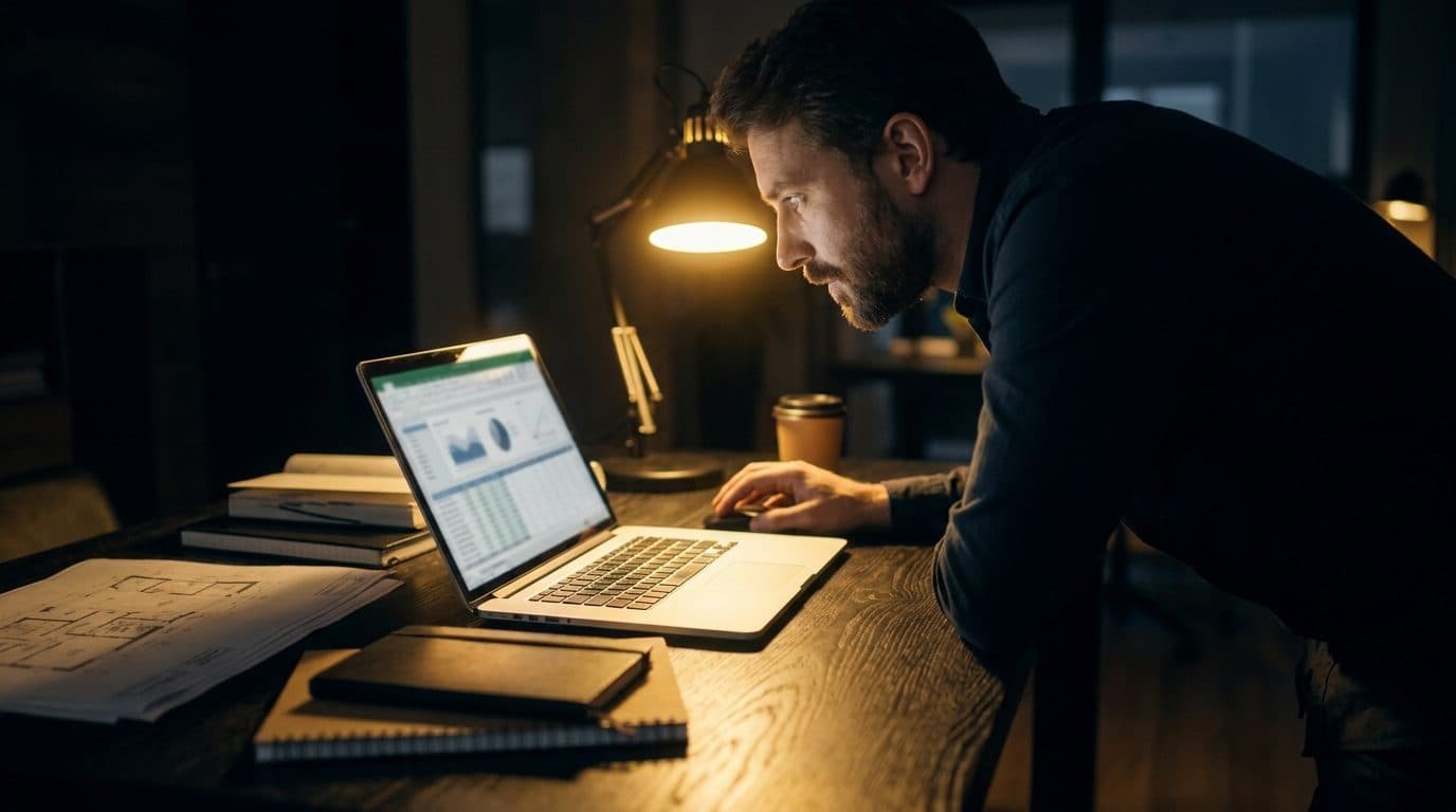 Contractor reviewing lead pipeline and job enquiries on a laptop at a clean modern desk, golden-yellow overhead light, dark premium editorial mood