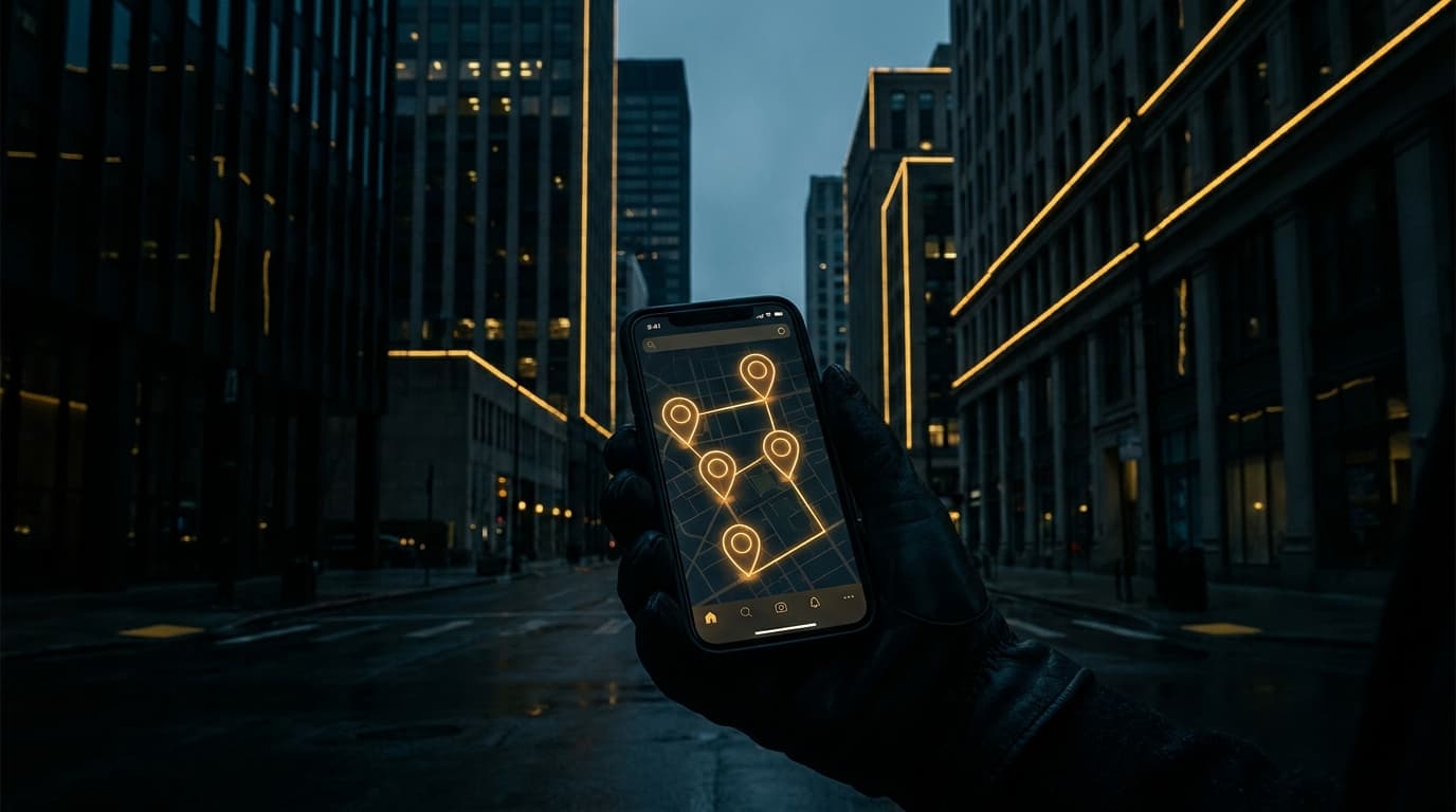A smartphone showing Google Maps with a local 3-pack result for a contractor against a lit urban skyline at dusk
