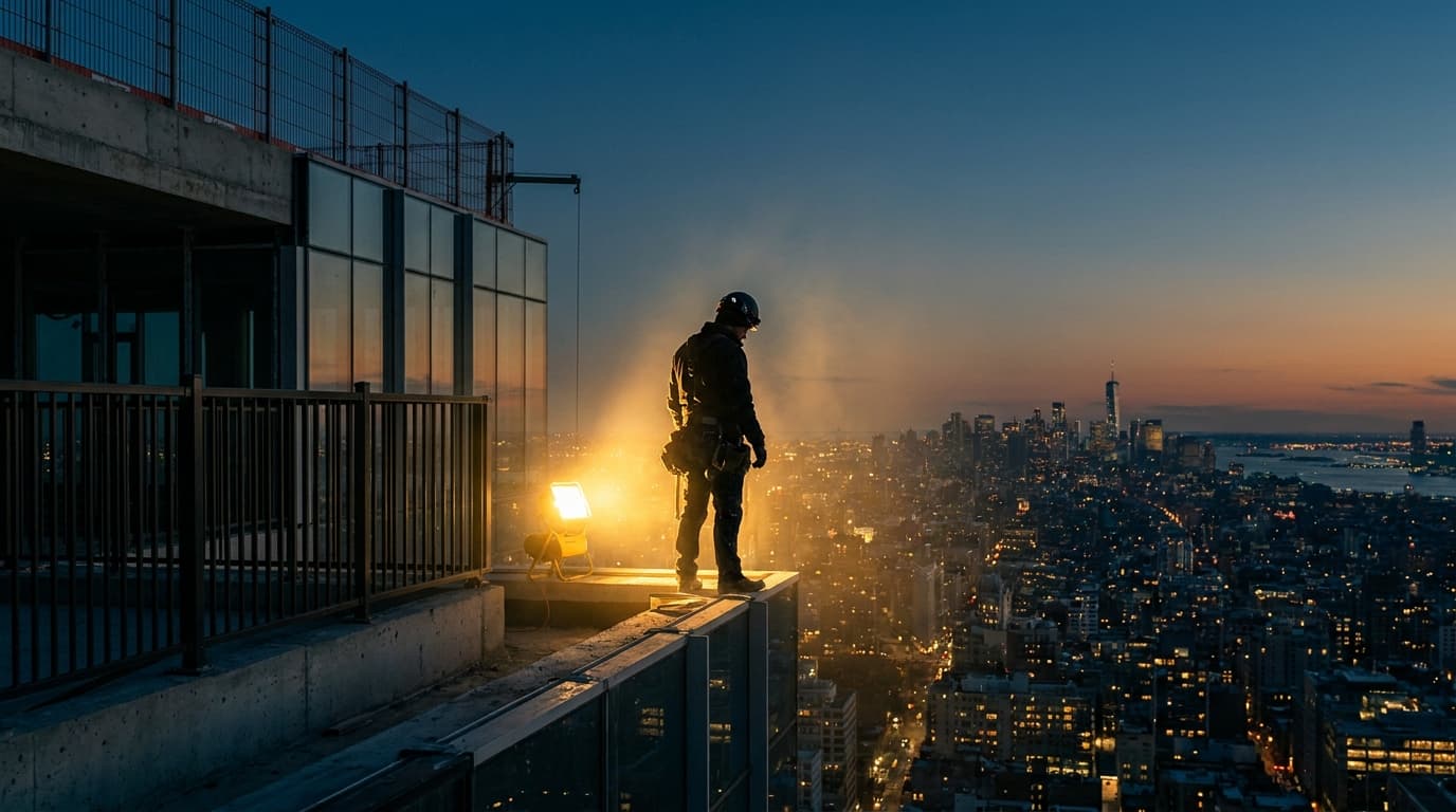 A contractor standing at the peak of a finished modern building at golden hour - getting noticed, golden-yellow light, dark premium editorial