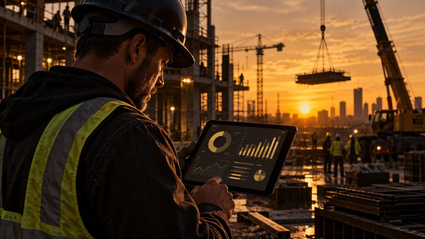 A contractor reviewing a payment dashboard on a tablet at a construction site - a system for getting paid faster starts before the job begins