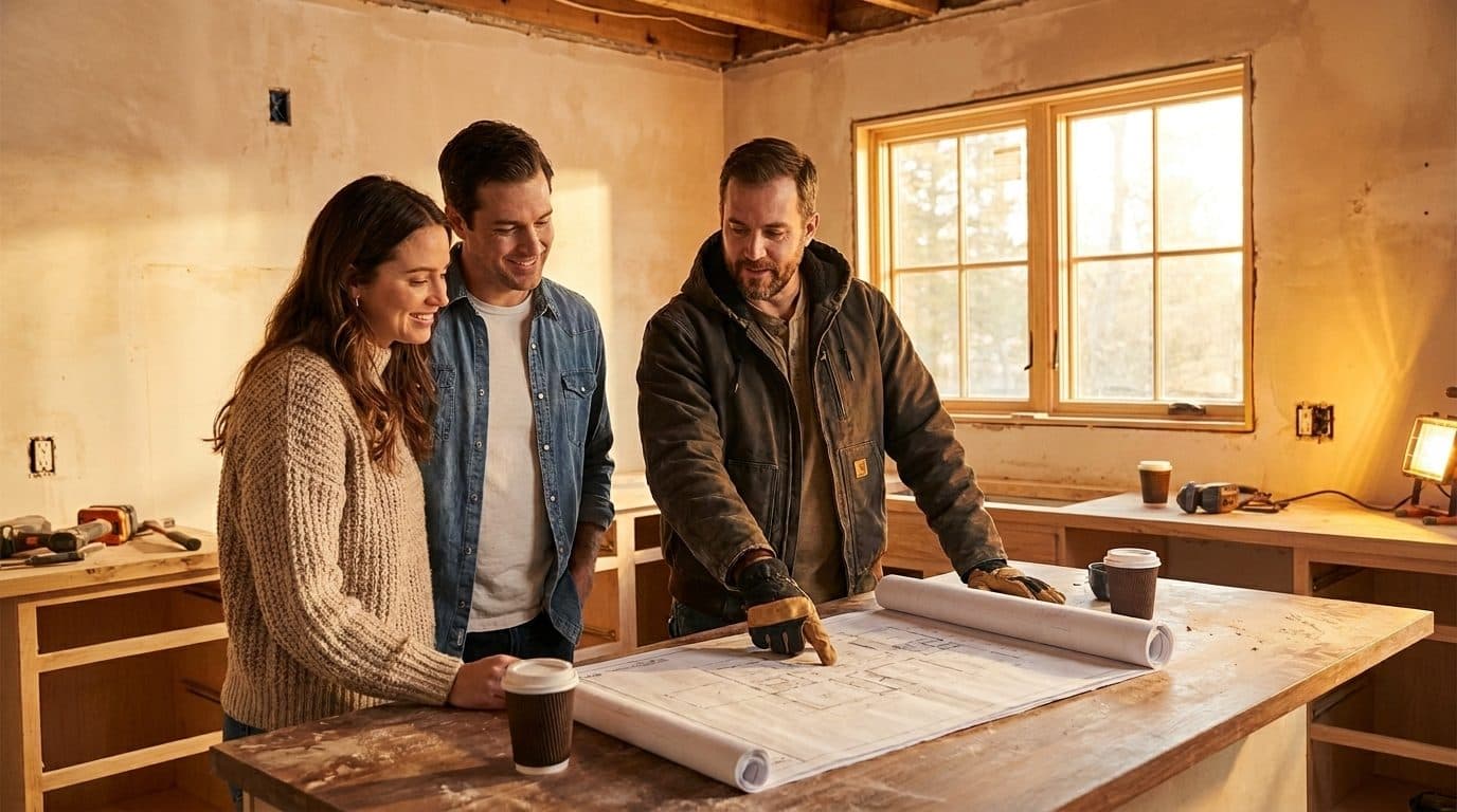 A general contractor reviewing renovation blueprints with a homeowner in a bright modern kitchen mid-renovation