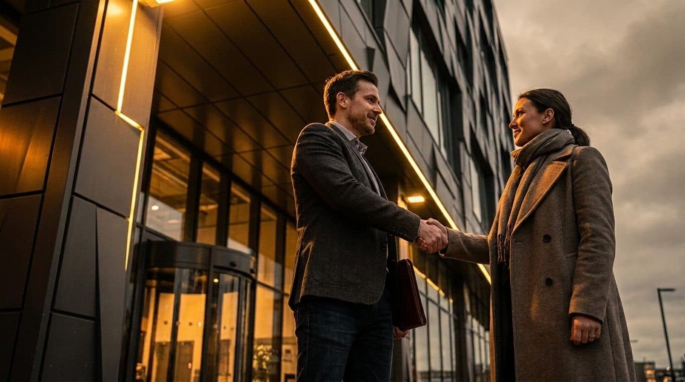 Confident contractor shaking hands with a property owner outside a building site - landing the first client