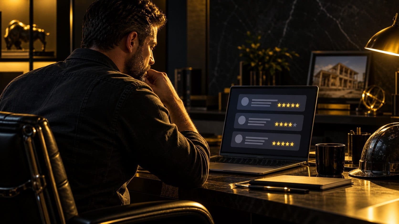 A general contractor at a desk reviewing a phone showing online reviews, golden-yellow accent light, dark premium editorial look