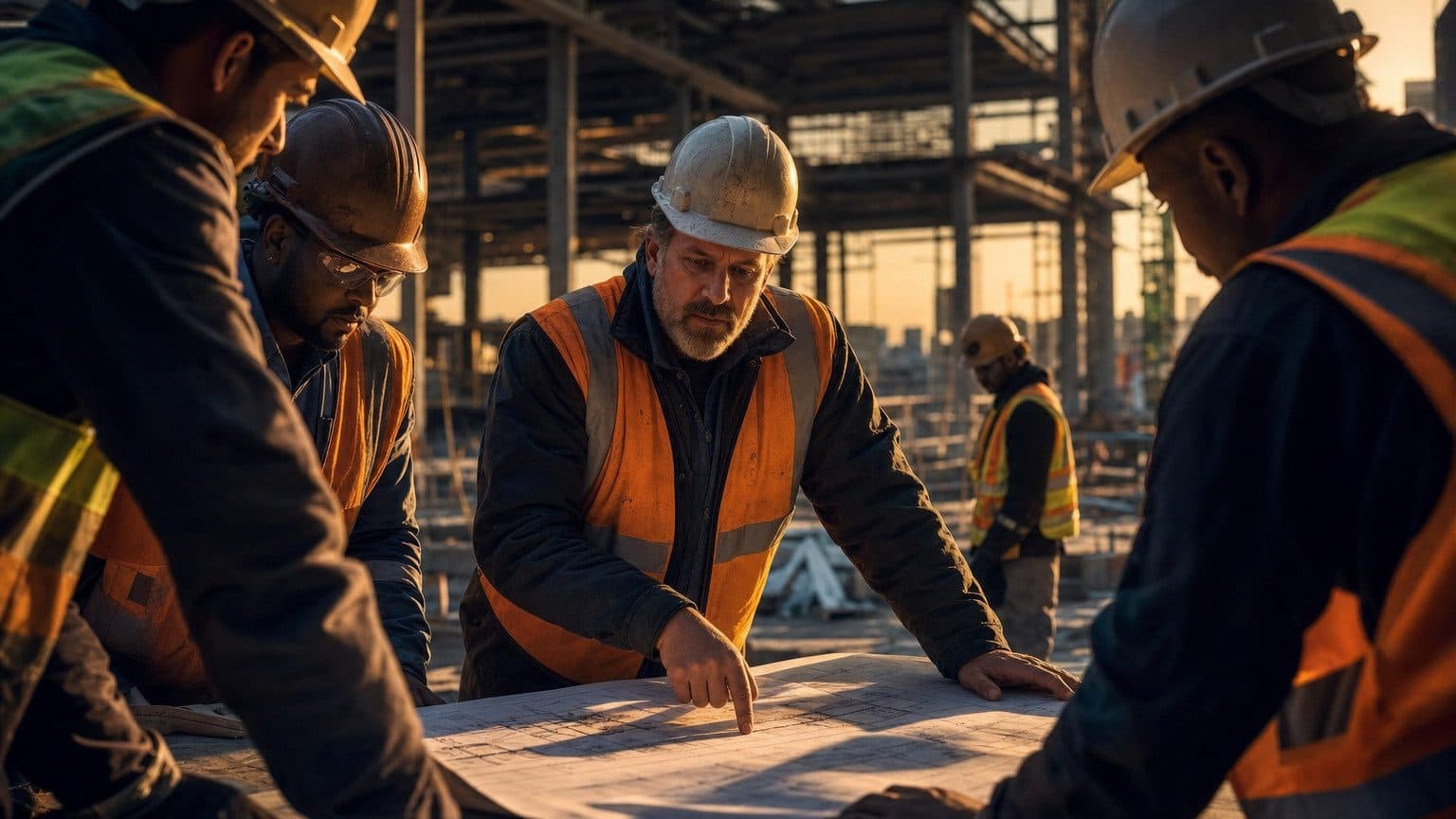 A construction site foreman reviewing plans with a crew of workers - building a reliable team is the foundation of a scalable contracting business