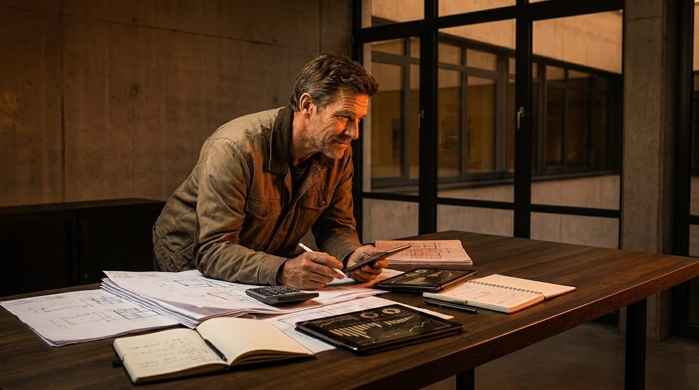 Contractor reviewing project finances at a desk with blueprints, calculator, and rising profit figures