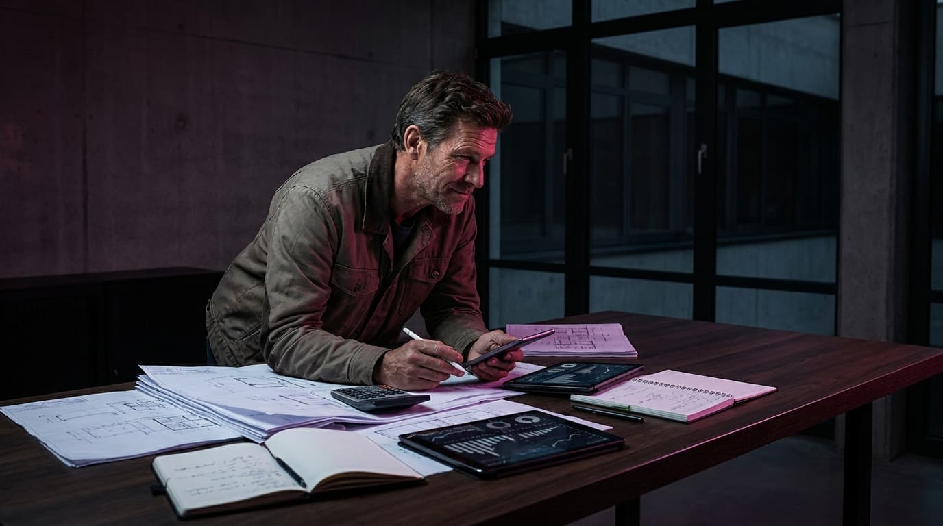 Contractor reviewing project finances at a desk with blueprints, calculator, and rising profit figures
