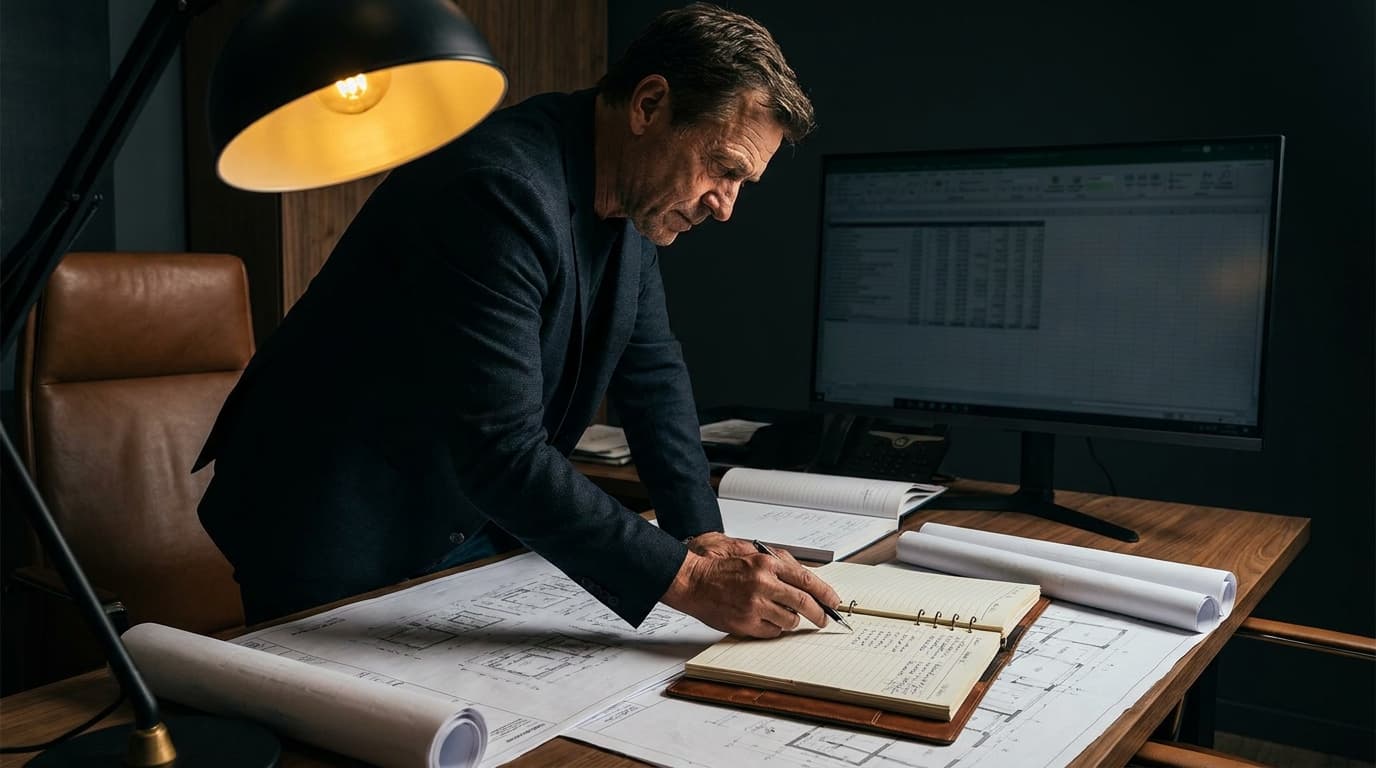 General contractor reviewing project schedule at a desk with blueprints and a laptop, golden light