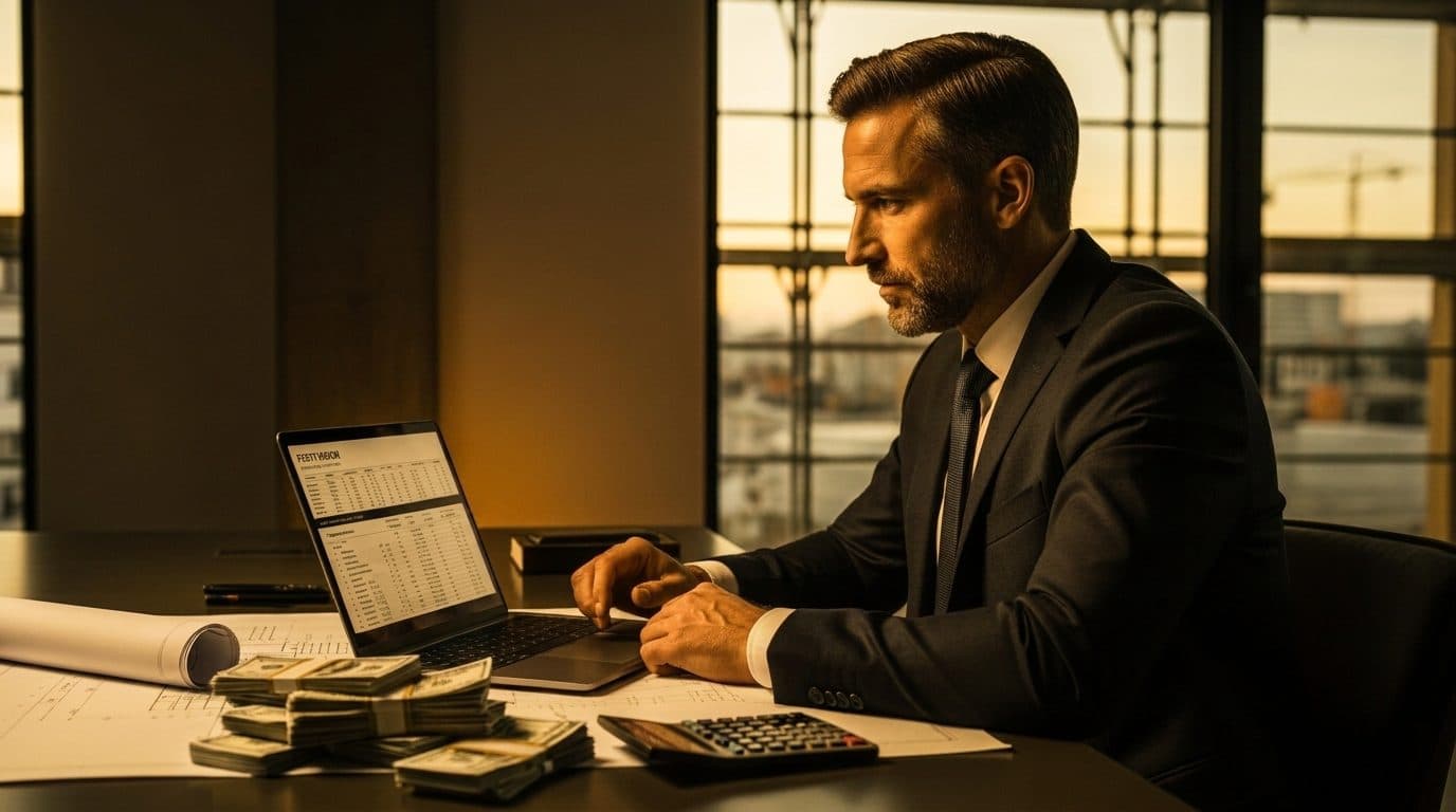 General contractor reviewing profit figures on a laptop in a modern site office - making more without doing more