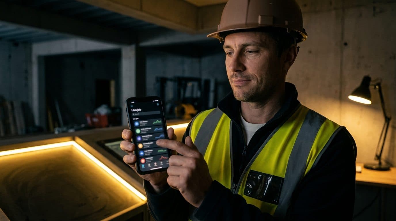 A construction operator managing several jobs at once from a single dashboard on a phone