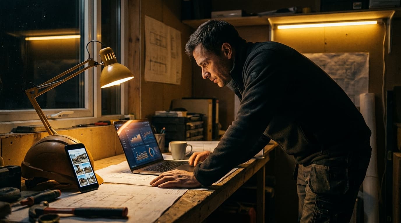 A contractor reviewing job enquiries and marketing analytics on a laptop at a site office desk
