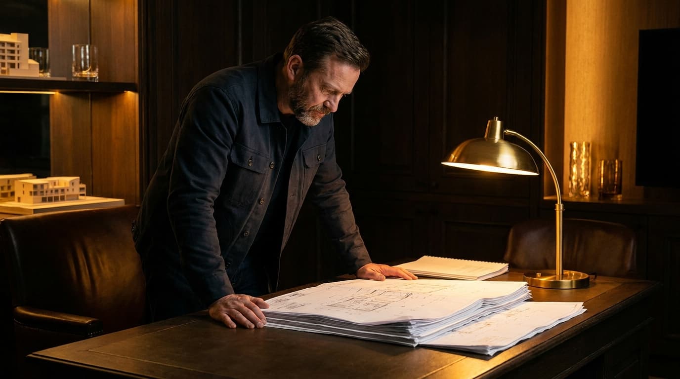 A contractor reviewing a professional construction quote document at a desk lit with warm golden light