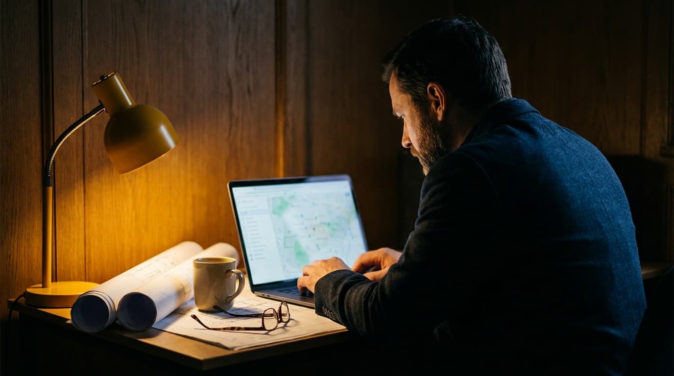 A general contractor reviewing Google Maps search results on a laptop at a site office desk, warm golden lamp illuminating the workspace