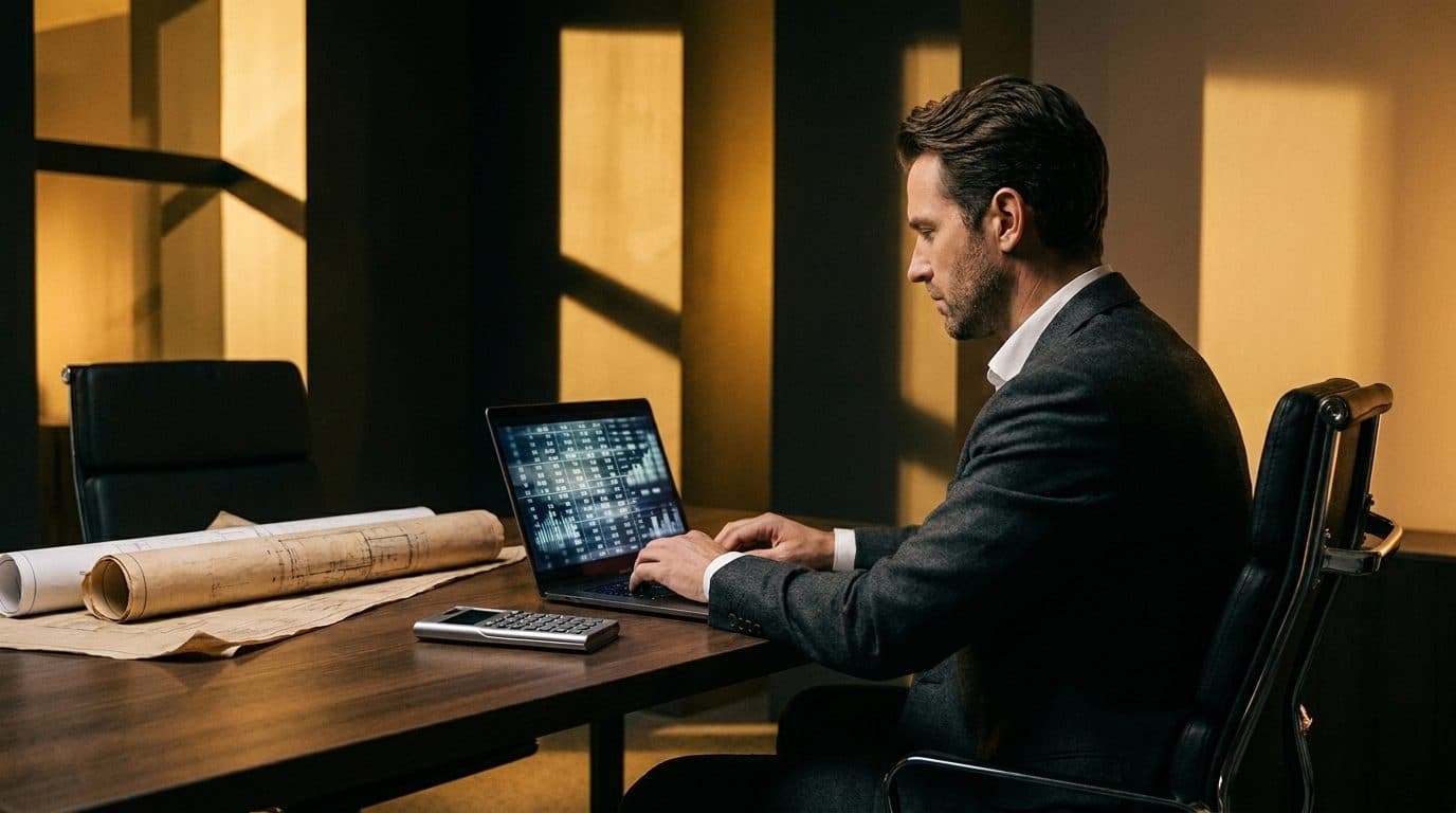 A contractor reviewing monthly costs on a laptop at a construction site desk with blueprints and a calculator