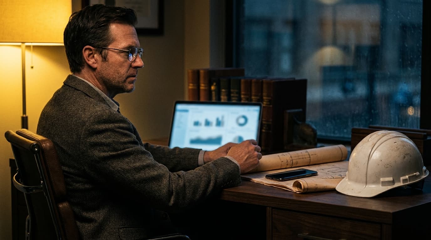 A general contractor's phone lighting up with booked jobs from Google Ads on a dark editorial desk with construction plans and a laptop showing an ad dashboard