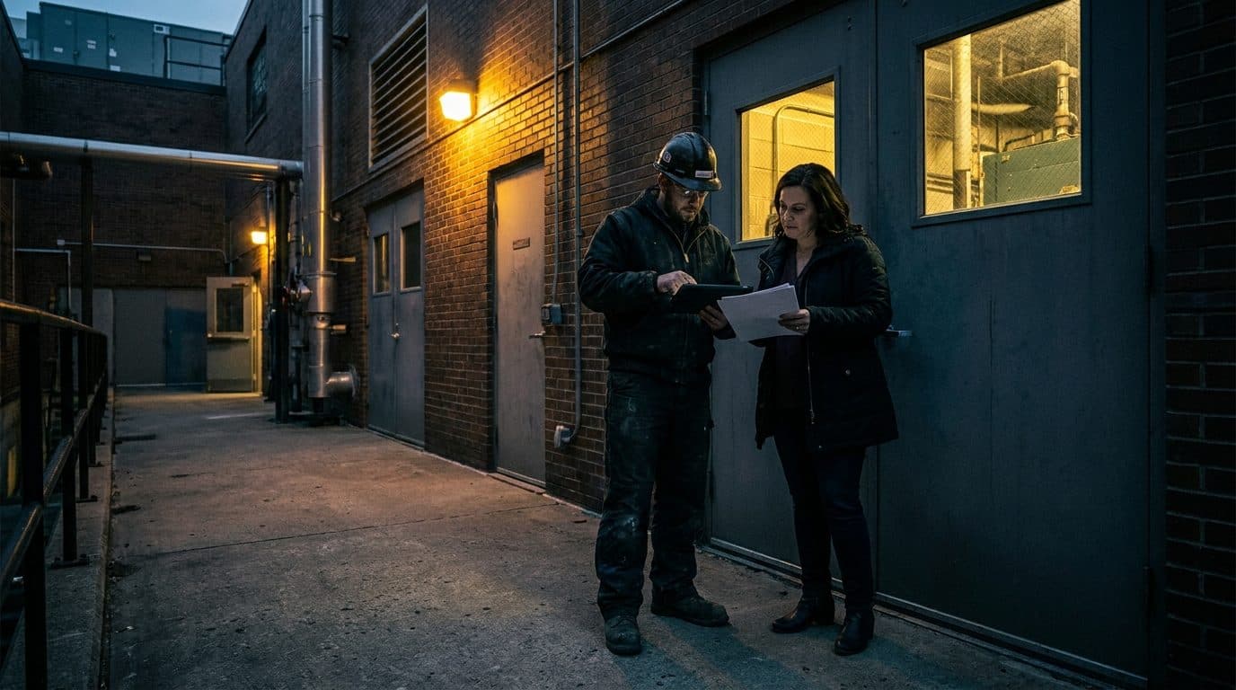 A contractor and a property manager reviewing a planned maintenance schedule outside a commercial plant room at dusk