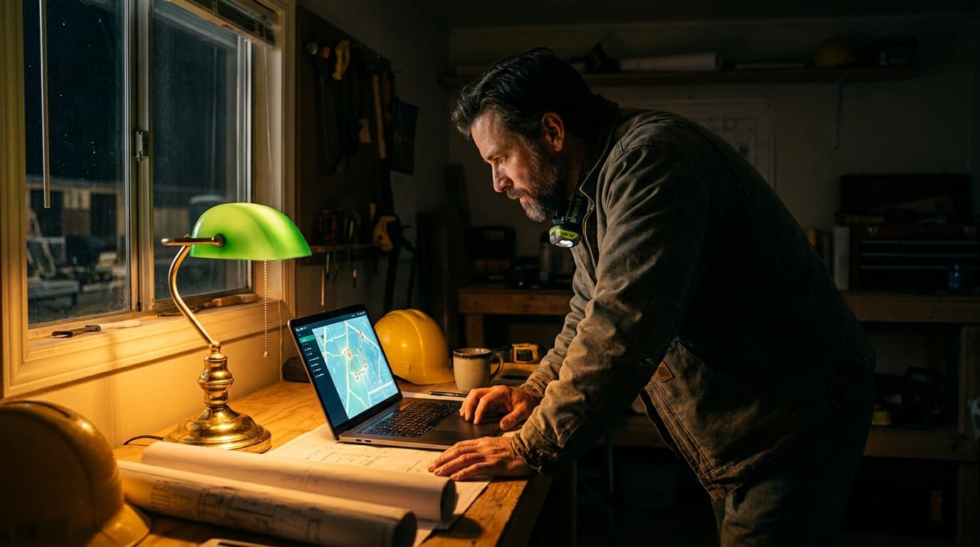 A general contractor in a dark site office reviewing Google Maps results on a laptop, warm golden lamp light cutting through the gloom