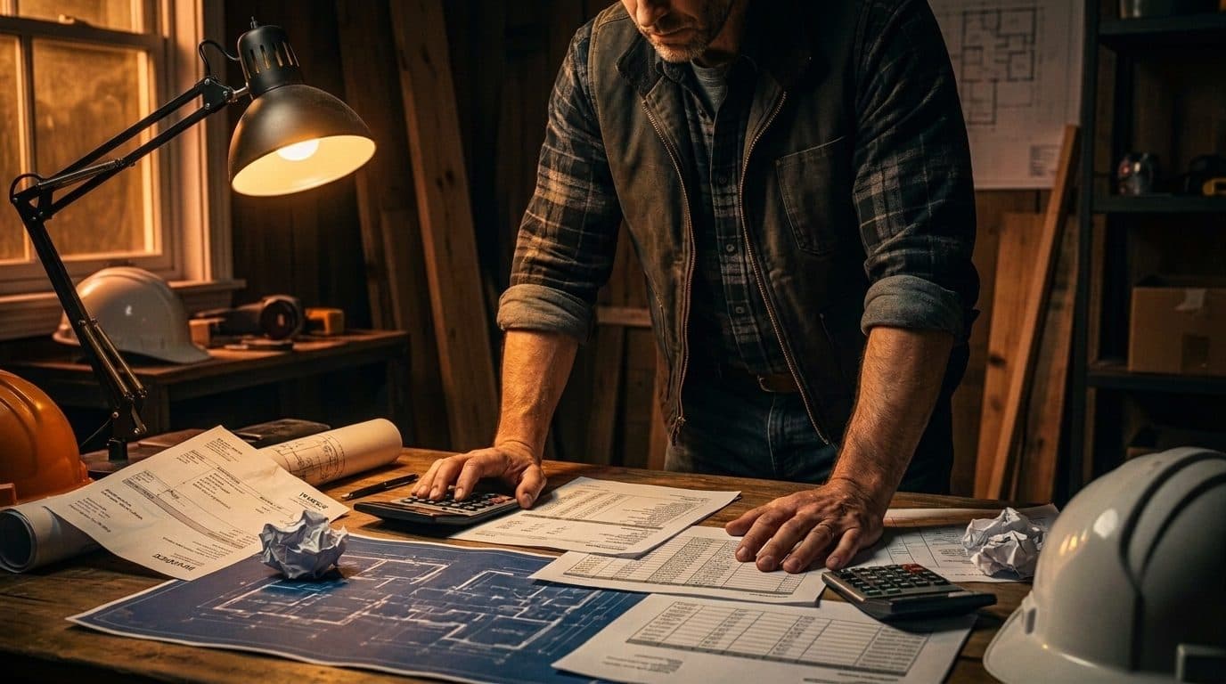 A contractor reviewing job cost sheets and financial reports at a construction site office desk - stopping money loss on construction jobs