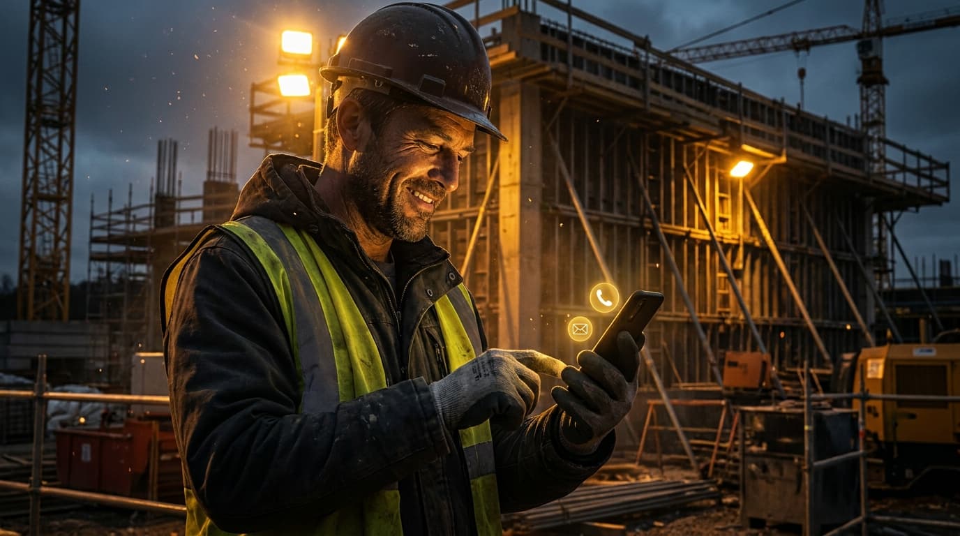 A contractor checking his phone at a job site with notifications lighting up - leads arriving on demand