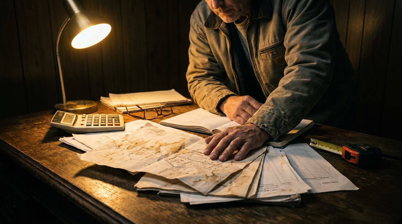 A contractor reviewing bid documents under golden-yellow lamp light at a dark desk - the real cost of underpricing construction jobs