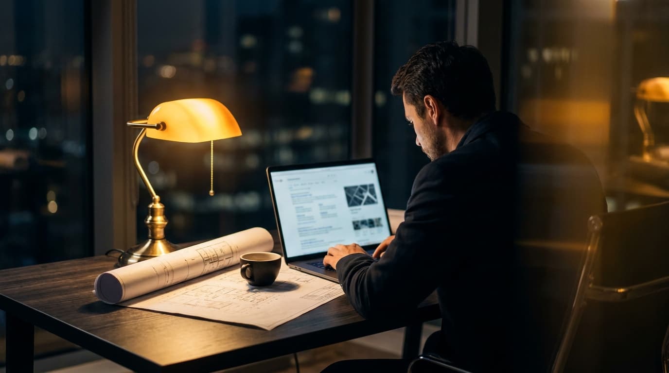 Contractor at a laptop in a dark office, golden light from a desk lamp, Google search results visible on screen