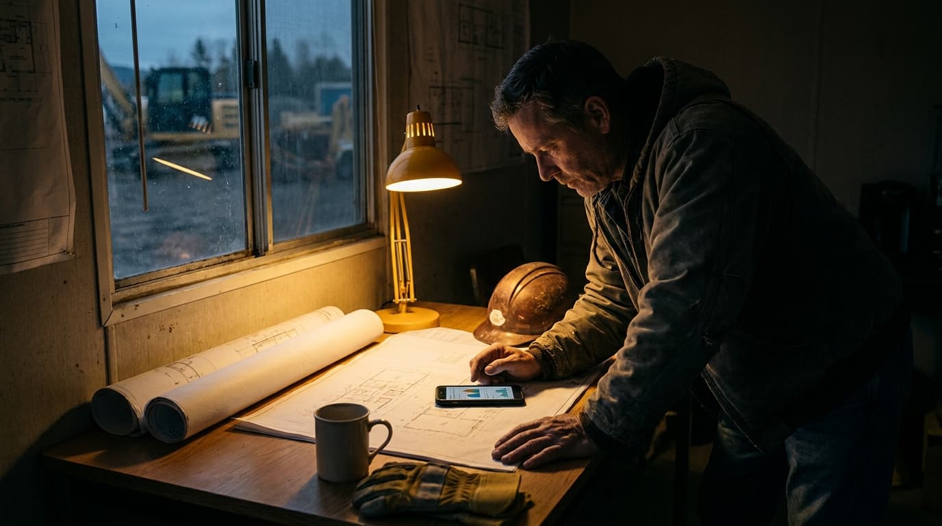 A construction operator reviewing analytics on a tablet at a job site desk, warm golden accent lighting
