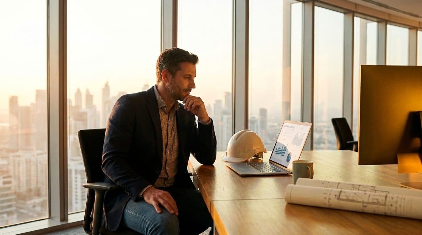 A confident construction operator reviewing project financials on a laptop at a clean desk, bright modern office, city skyline visible through the window