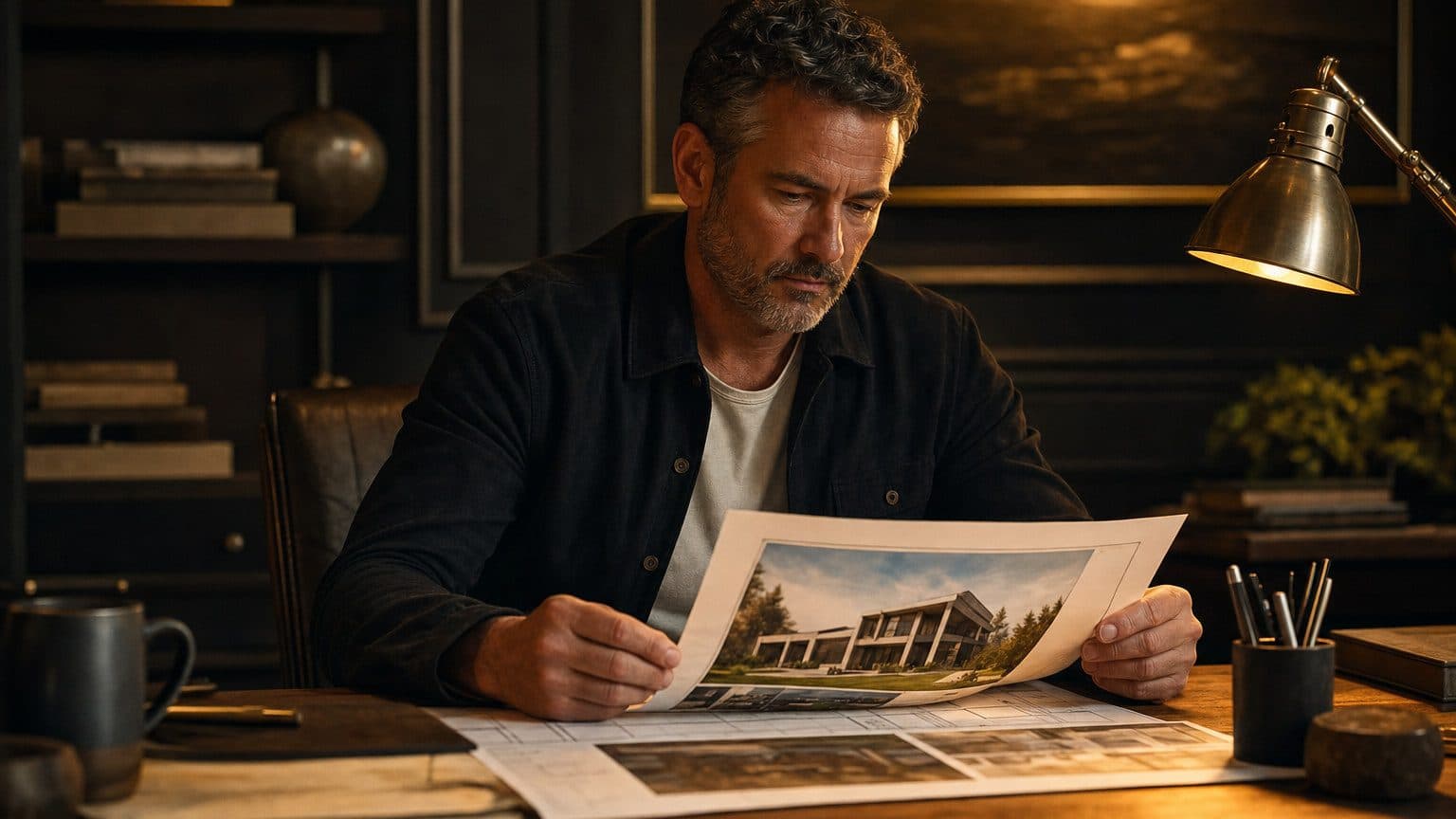 General contractor at a desk reviewing a printed construction proposal document, warm golden editorial light, dark premium office setting