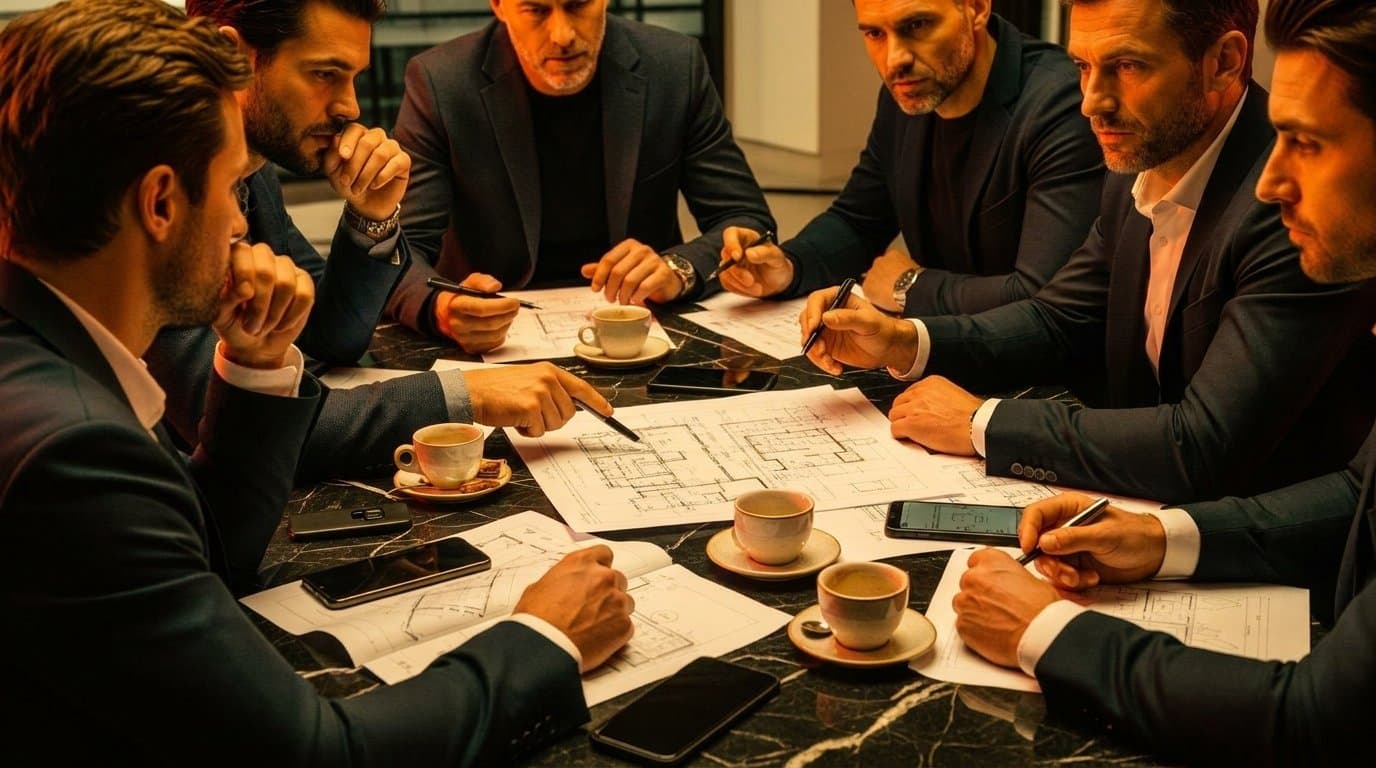 A tight circle of serious operators around a dark marble table with blueprints and phones - the inner circle of construction