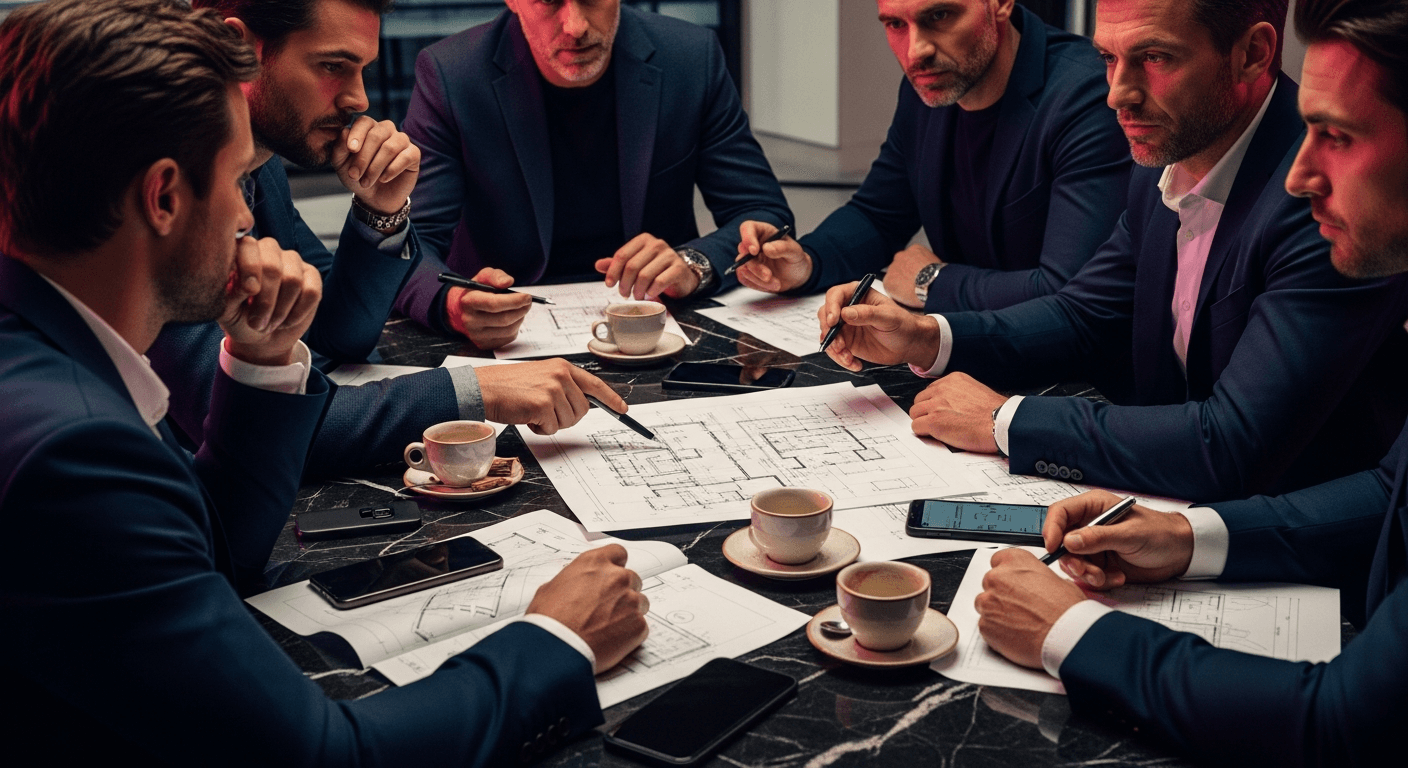 A tight circle of serious operators around a dark marble table with blueprints and phones - the inner circle of construction