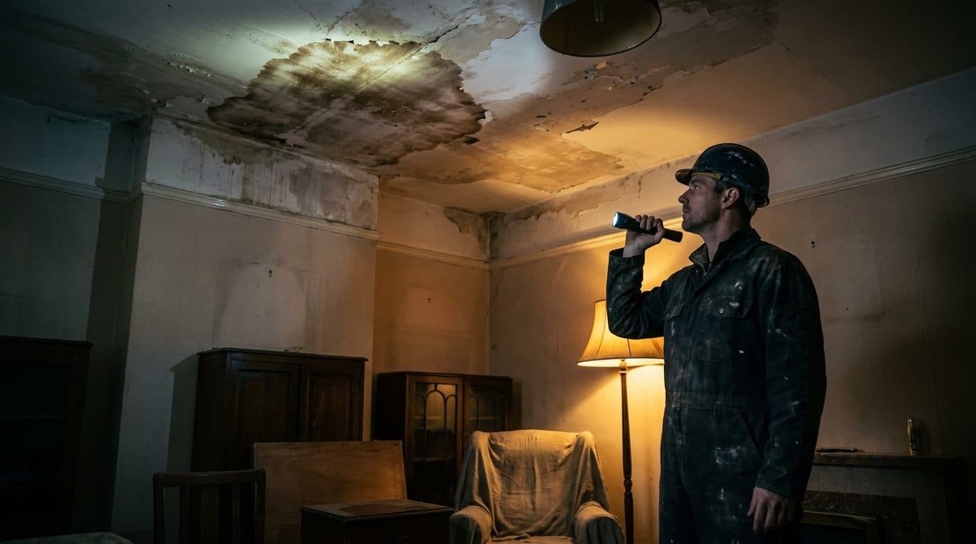 A contractor inspecting a water-damaged ceiling with a torch during an insurance claim survey