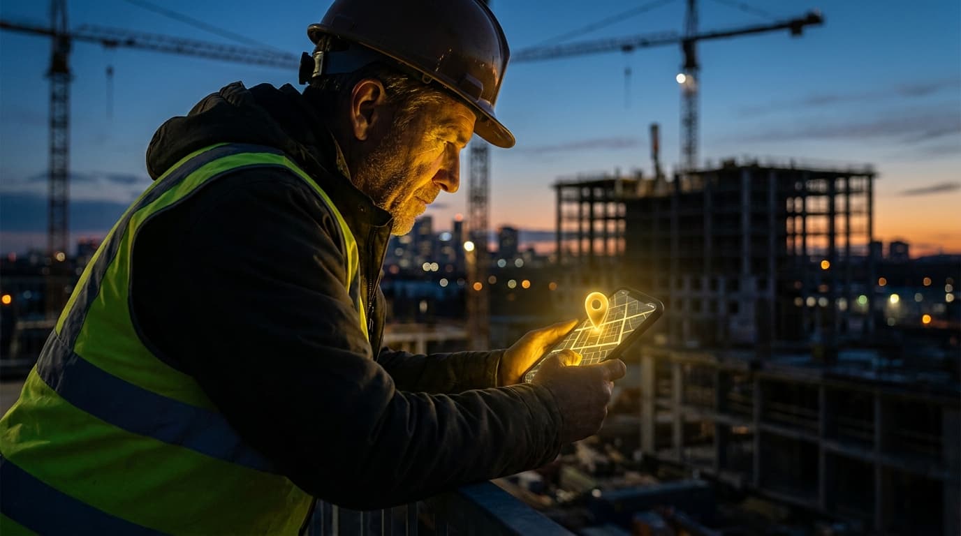 A general contractor reviewing a city map on a tablet at dusk, golden-yellow accent light, dark premium editorial, no text