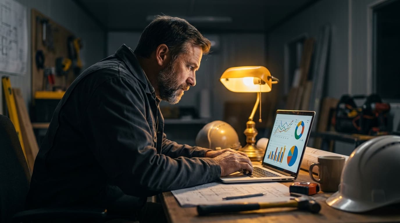 A contractor reviewing marketing results on a laptop at a tidy site office desk, warm golden light from a desk lamp illuminating the workspace