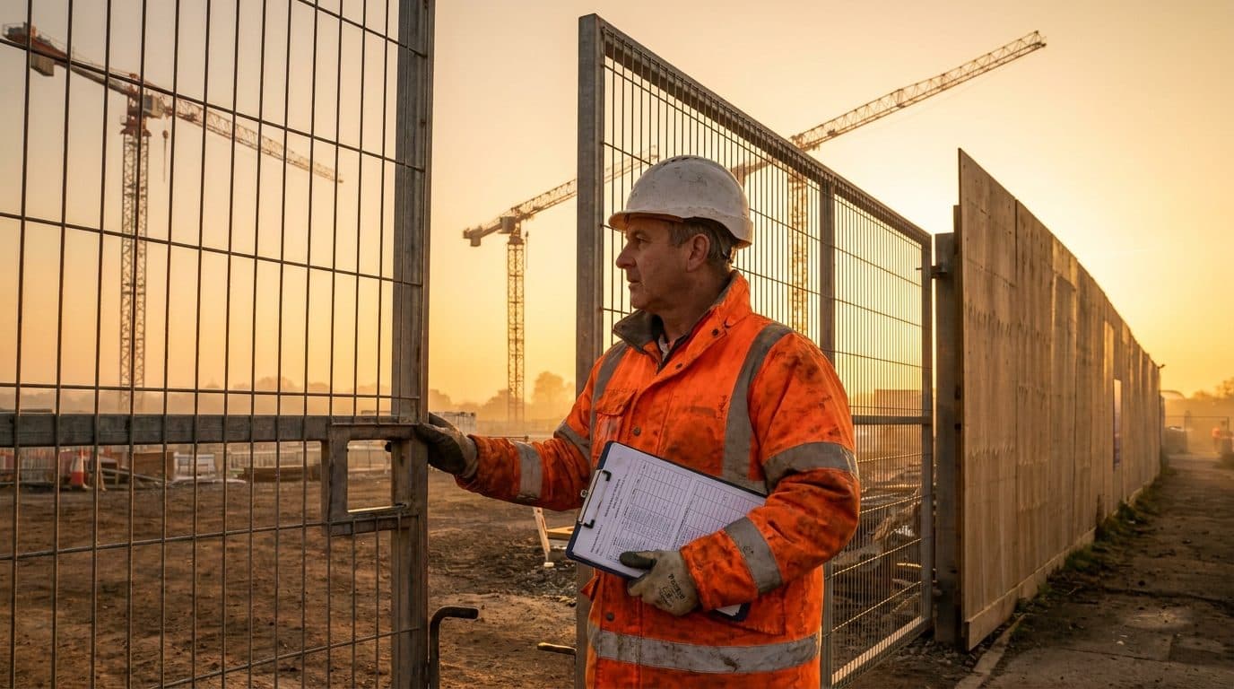 A subcontractor in a hi-vis vest and hard hat at the gate of a large UK construction site at dawn, tower cranes and a main contractor's hoarding behind him, holding a clipboard of paperwork