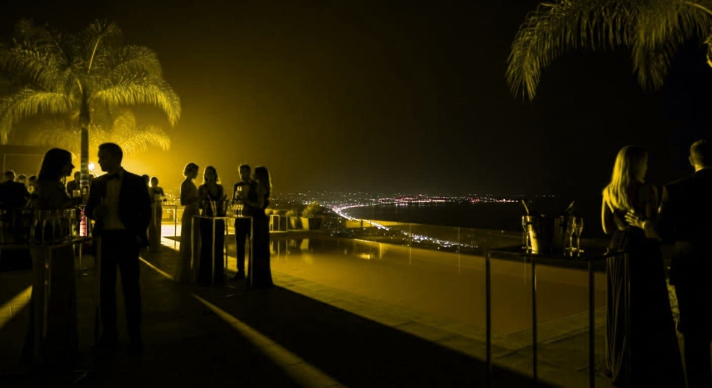 A late-night rooftop gathering