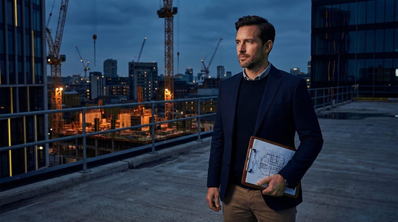 A construction business operator reviewing project documents on a rooftop overlooking multiple active construction sites at dusk