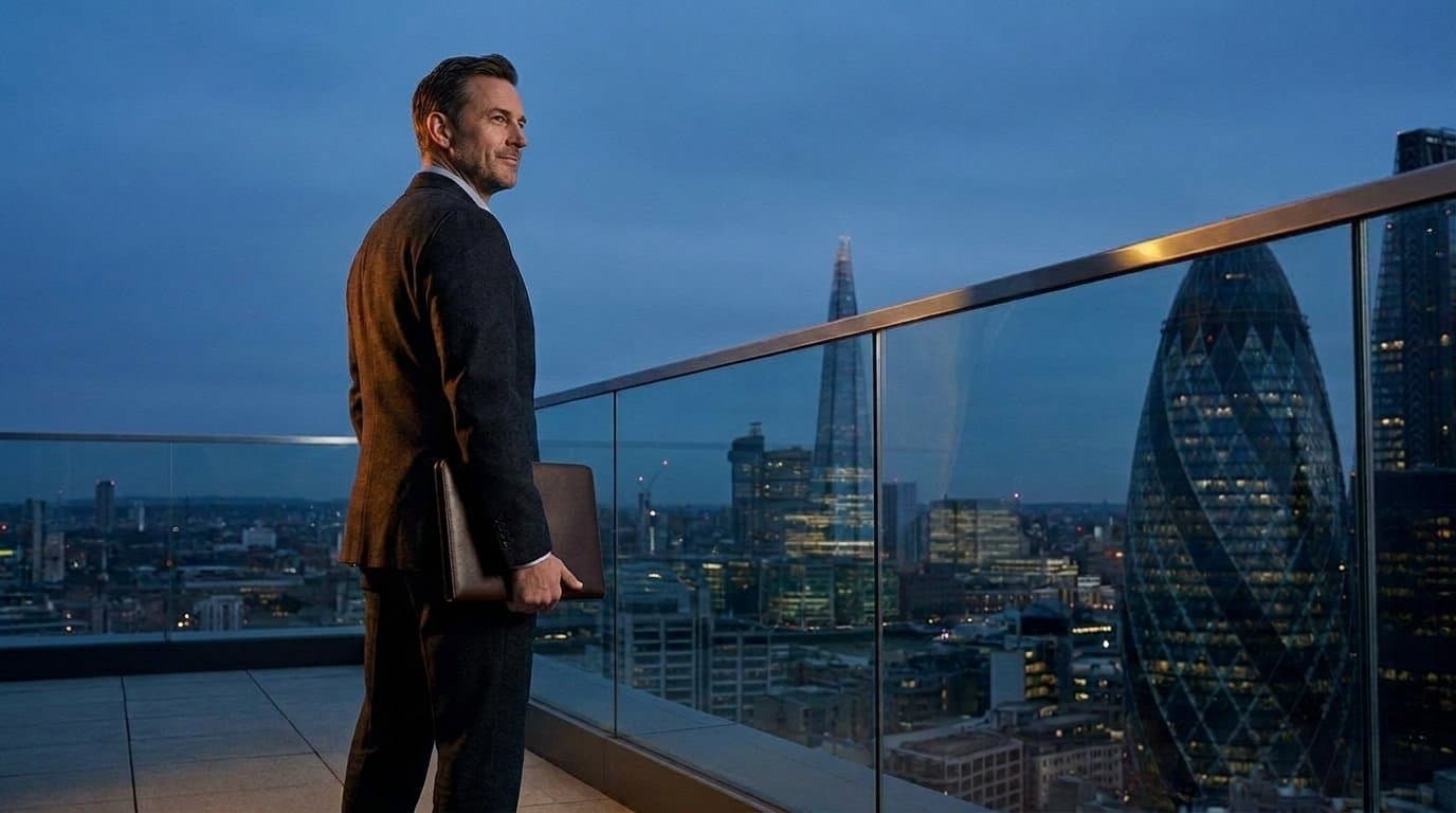 A successful construction operator overlooking the London skyline at dusk