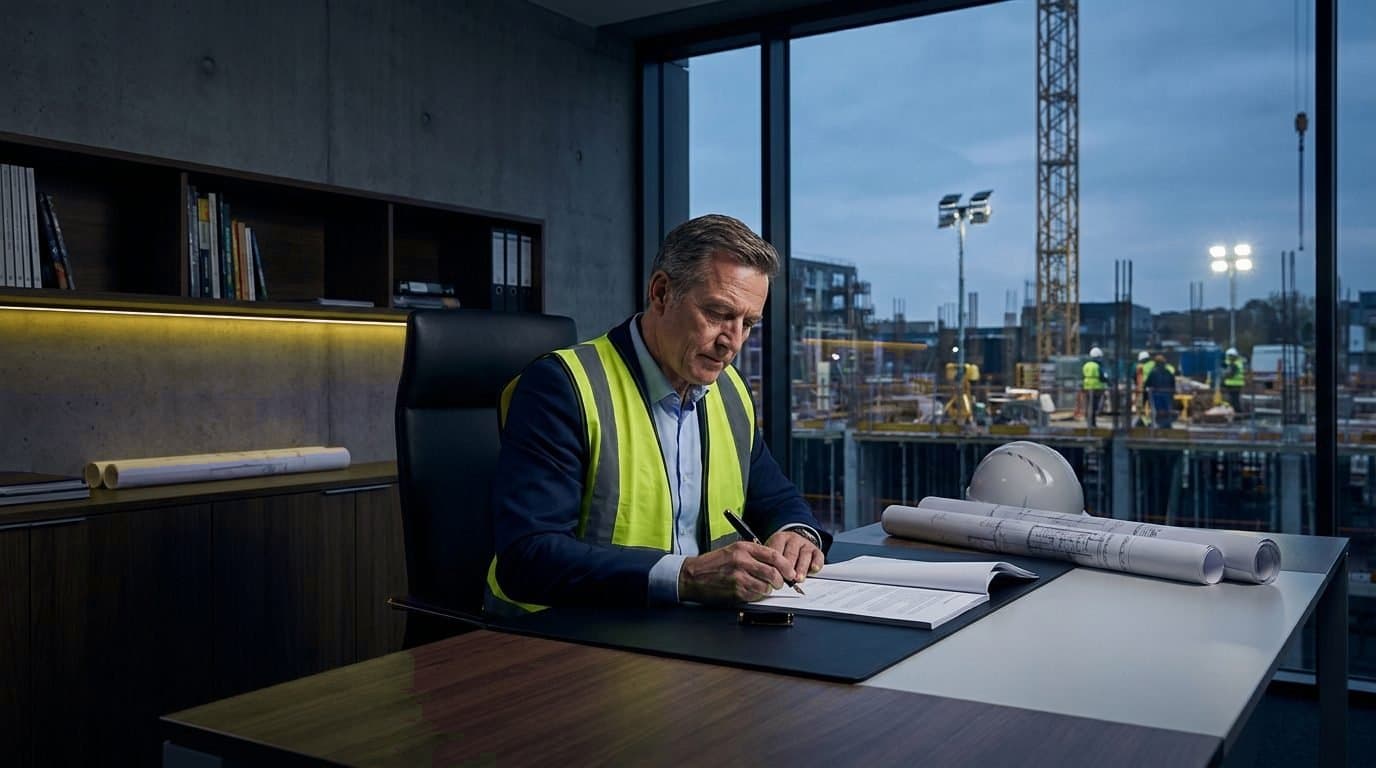 A construction operator reviewing a signed building contract at dusk